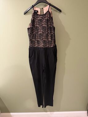 Lace-Overlay Black Jumpsuit with nude Lining